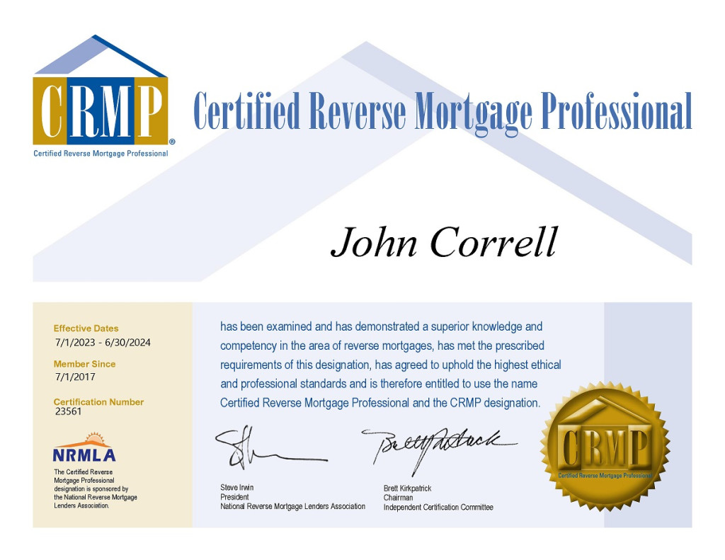 CRMP Certificate Certified Reverse Mortgage Professional John Correll 2023 - 2024