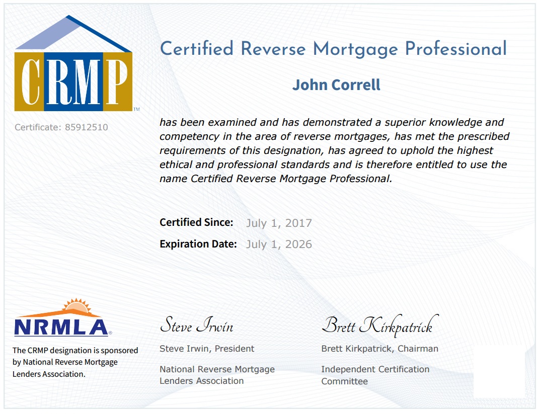 CRMP Certificate 2026 John Correll San Diego Certified Reverse Mortgage Professional