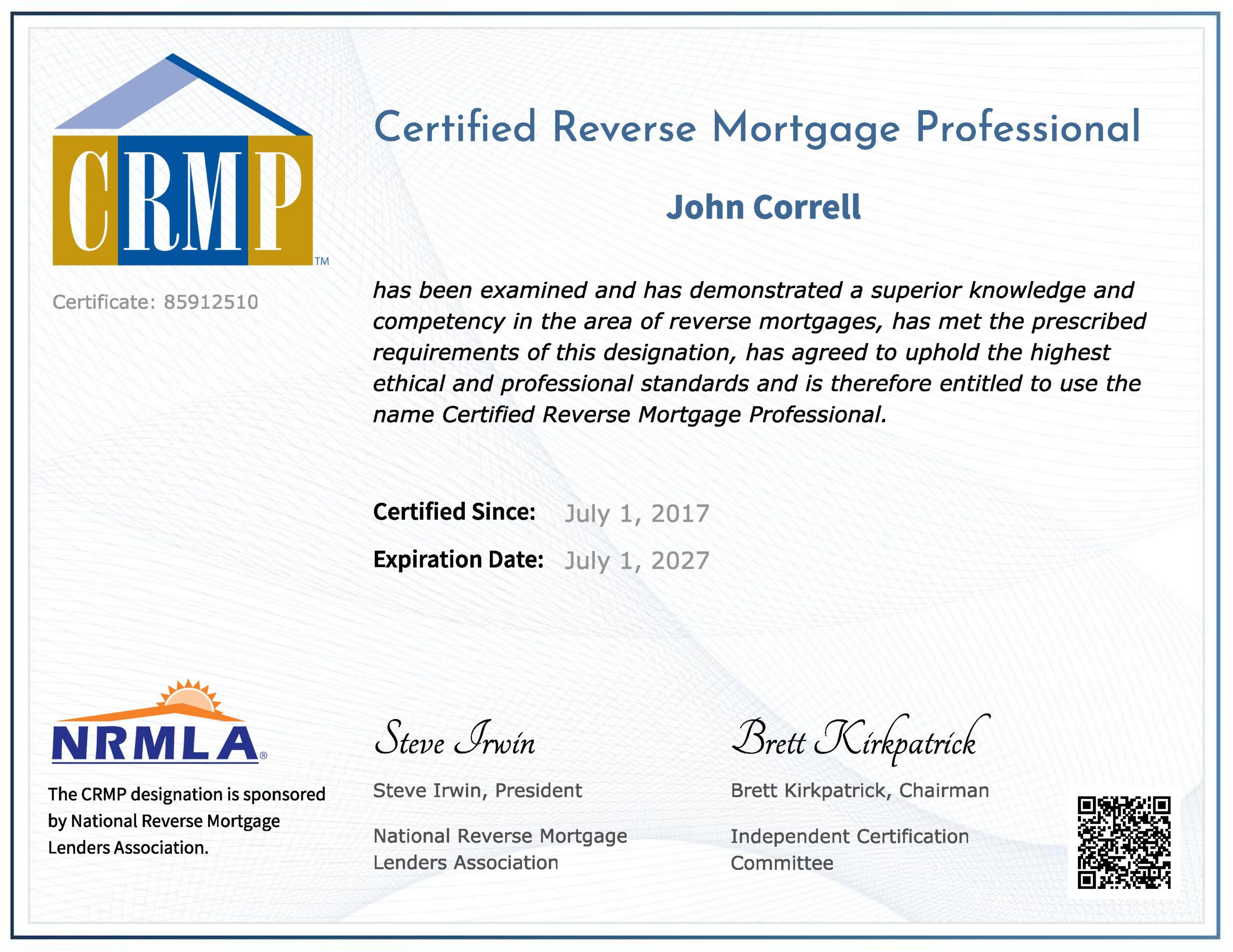 CRMP California Certificate John Correll 2026-27